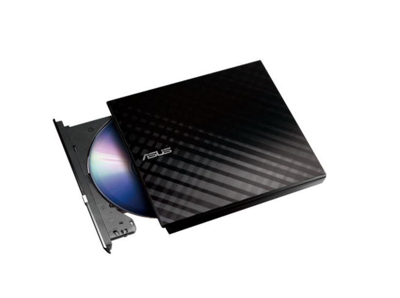 ASUS SDRW-08D2S-U External DVD Writer in black with diamond-cut design, showcasing its sleek and modern aesthetics.