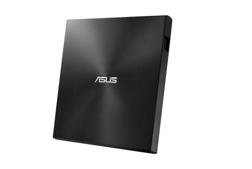 ASUS SDRW-08U7M-U ZenDrive external ultra-slim DVD writer in black and silver, showcasing its sleek design and compact size.