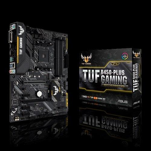 ASUS TUF B450-PLUS GAMING motherboard with RGB lighting and multiple connectivity options.