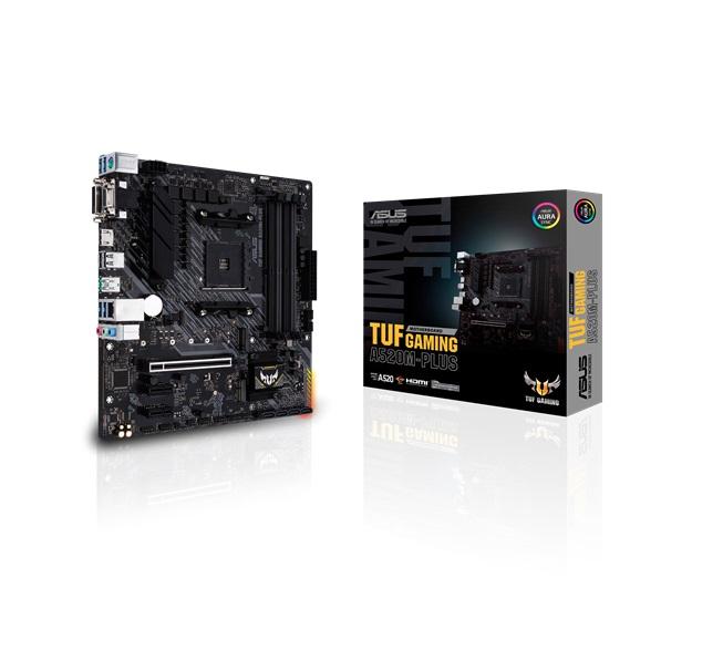 ASUS TUF GAMING A520M-PLUS micro ATX motherboard with RGB lighting and multiple connectivity options.