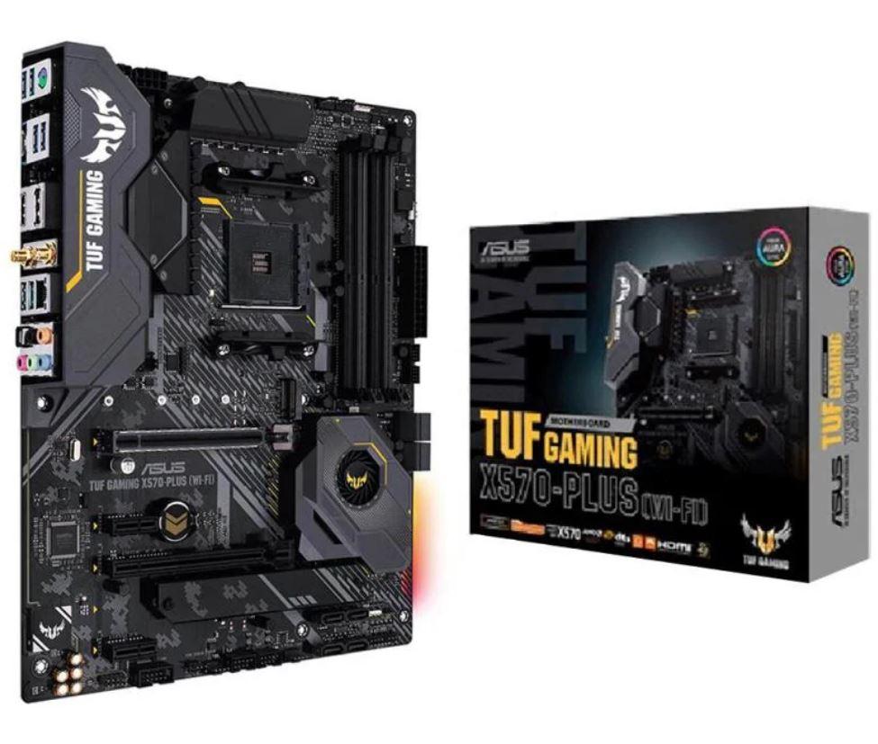 ASUS TUF GAMING X570-PLUS motherboard with PCIe 4.0, dual M.2 slots, and RGB lighting.