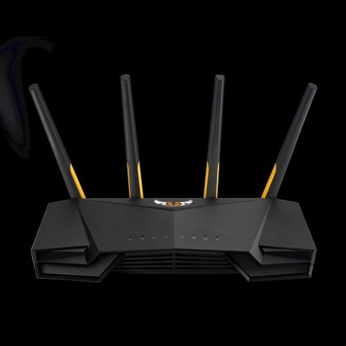 ASUS TUF-AX3000 Dual Band Wi-Fi 6 Gaming Router with multiple antennas and ports, showcasing its robust design and features.