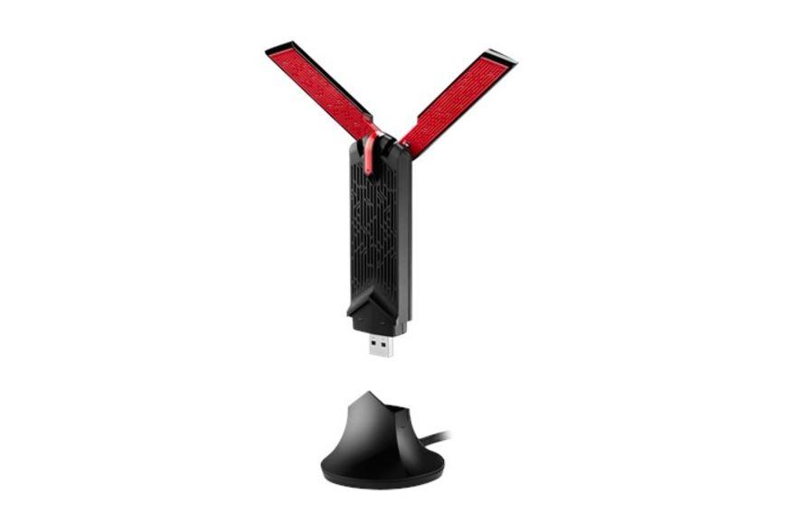 ASUS USB-AC68 Dual-Band AC1900 Wireless USB Adapter with dual antennas and cradle for optimal positioning.