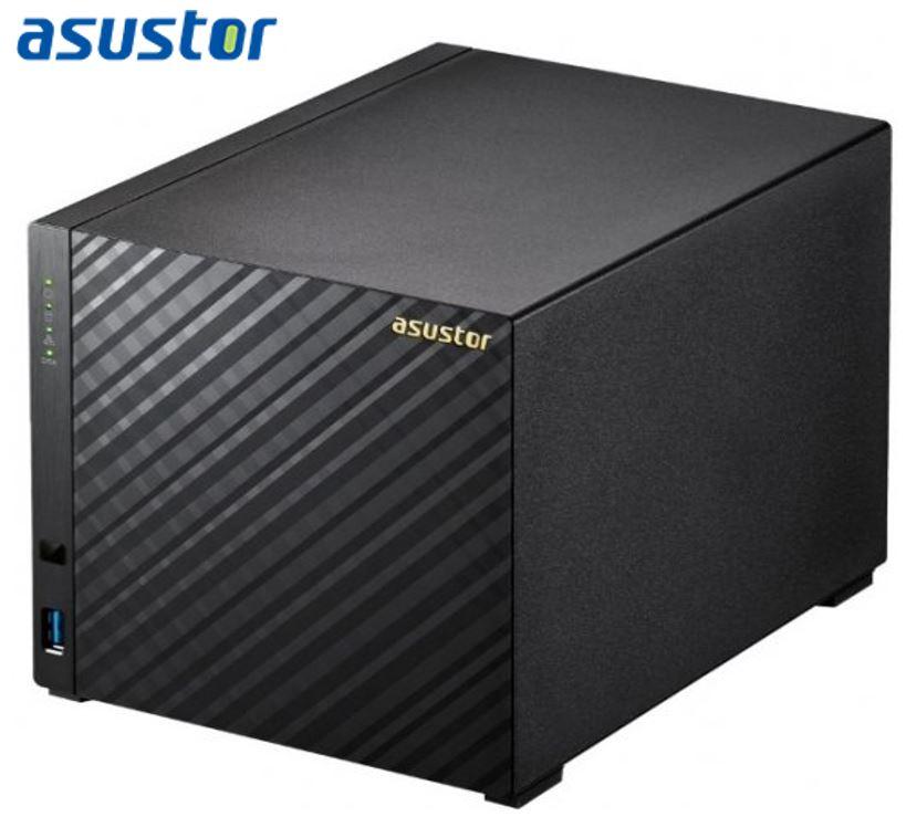 ASUSTOR AS1004T v2 NAS with diamond-plate finish and four drive bays, showcasing its sleek design and compact size.