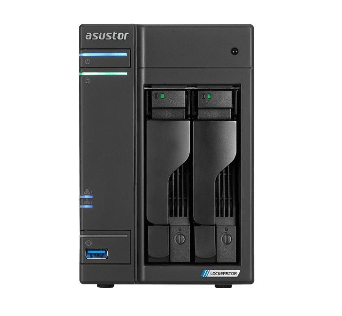 ASUSTOR AS6602T 2 Bay NAS with Intel Celeron J4125, showcasing its sleek design and multiple connectivity ports.