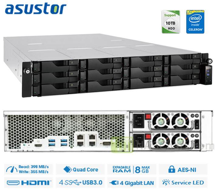 ASUSTOR AS6212RD 24 Bay 2U Rack NAS featuring Intel Celeron Quad-Core processor and multiple drive bays for high-capacity storage.