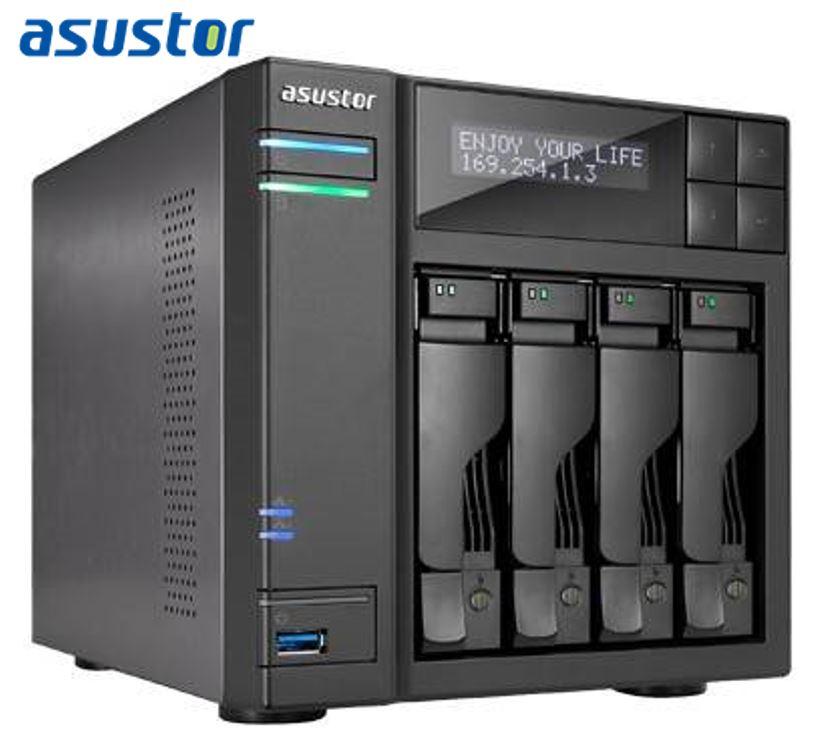 ASUSTOR AS7004T-i5 4 Bay NAS with Intel Core i5 Quad-Core processor and 8GB DDR3 RAM, showcasing its sleek design and connectivity ports.