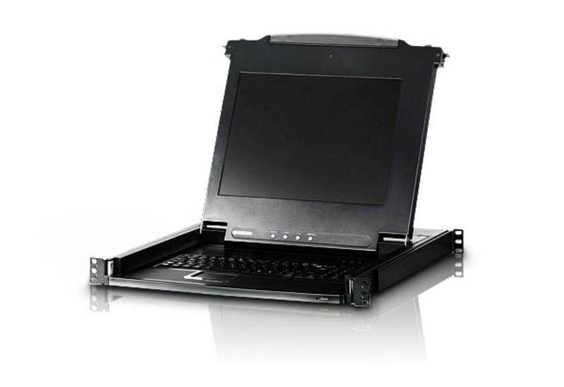 ATEN 17' LCD KVM Slide Console with integrated monitor and keyboard, designed for rack mounting and efficient workspace management.