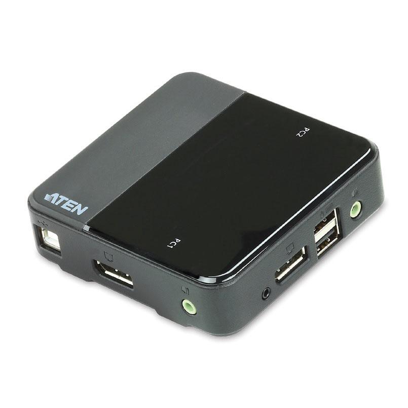 ATEN 2 Port USB 2.0 DisplayPort 4K KVM Switch with cables, showcasing its compact design and connectivity options.