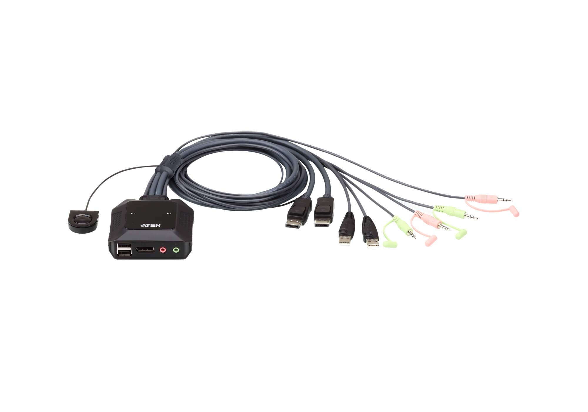 Aten 2 Port USB 2.0 DisplayPort Cable KVM Switch with Audio, featuring a compact design and remote port selector button.