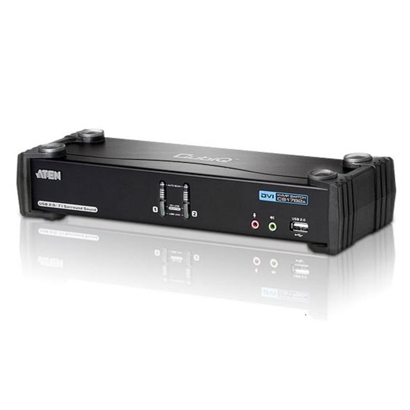 Aten 2 Port USB 2.0 DVI Dual Link KVMP Switch with cables, showcasing its ports and design.