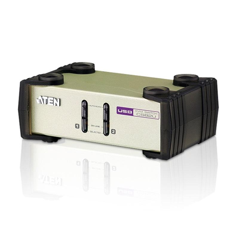 Aten 2 Port USB & PS/2 VGA KVM Switch with Video DynaSync technology, featuring ports for USB and PS/2 connections.