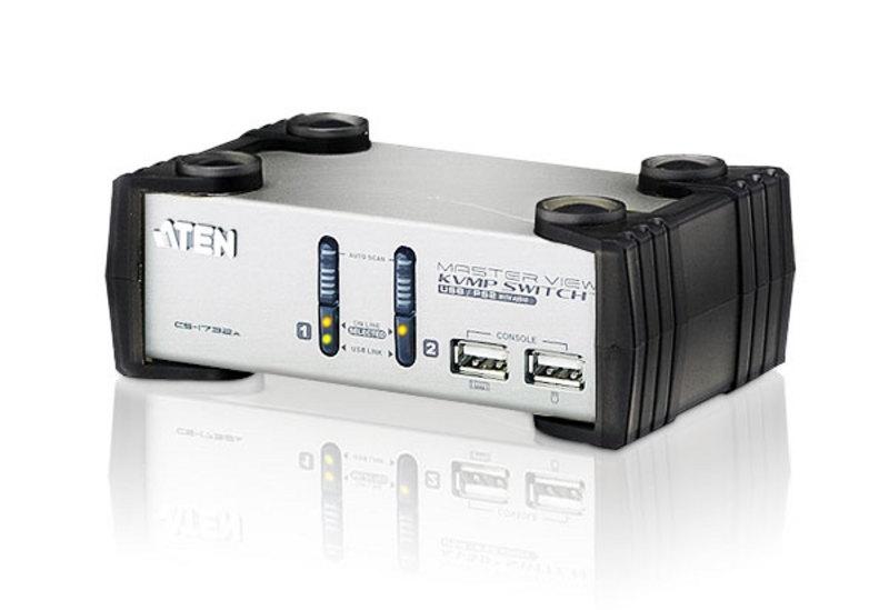 Aten 2 Port USB VGA KVMP Switch with audio, featuring two VGA USB KVM cables, designed for seamless computer control.