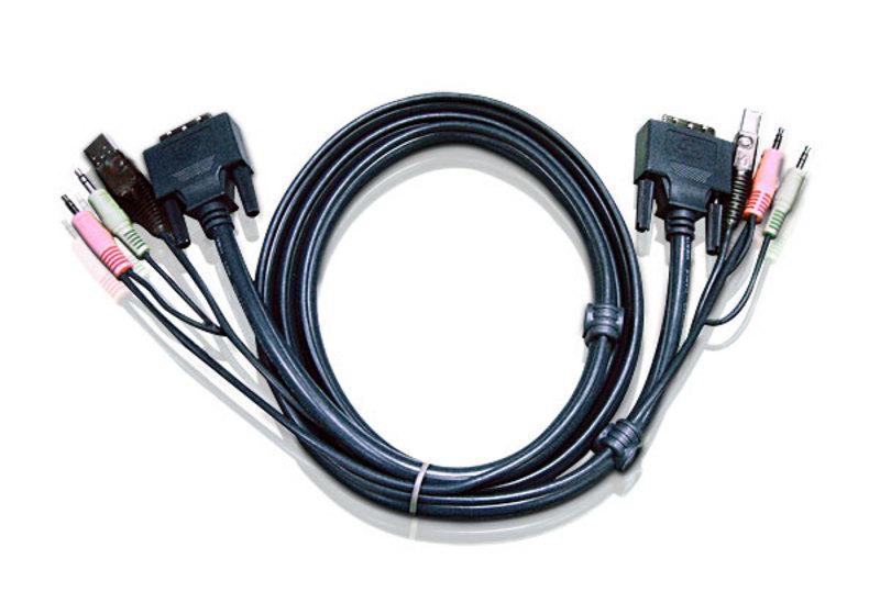 Aten 5M USB DVI-D Single Link KVM Cable with connectors for DVI-D, USB, and audio, showcasing its length and quality.