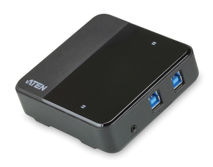 ATEN 2-port USB 3.0 Peripheral Sharing Device with remote port selector, showcasing its compact design and USB ports.