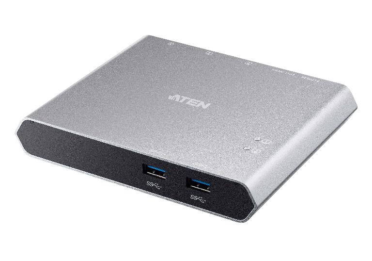 ATEN 2-Port USB-C KVM Switch with Power Pass-through, showcasing its sleek design and connectivity ports.