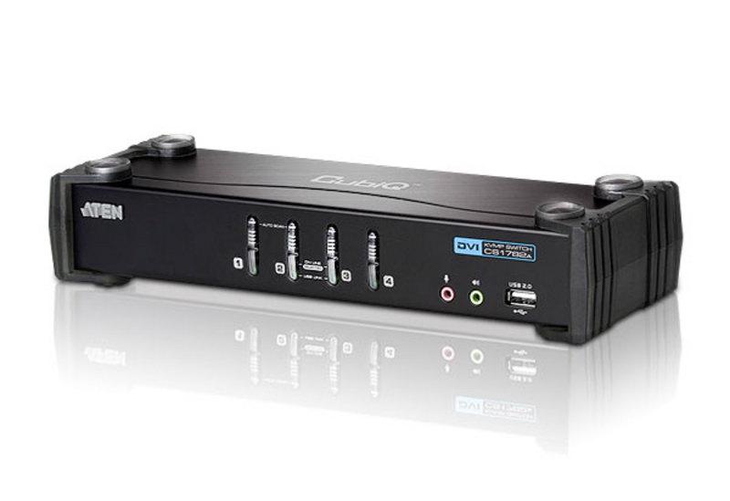 Aten 4 Port USB DVI KVMP Switch with Audio and USB 2.0 Hub, showcasing ports and cables for seamless connectivity.