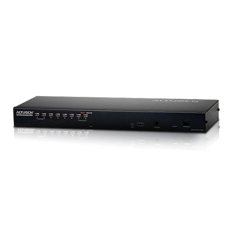 Aten 8 Port Cat 5 KVM Switch with multiple ports for remote computer access.