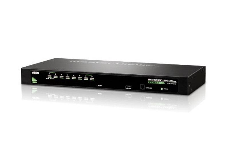 ATEN 8 Port Rackmount USB-PS/2 VGA KVM Switch with OSD, showcasing its ports and design for efficient computer management.