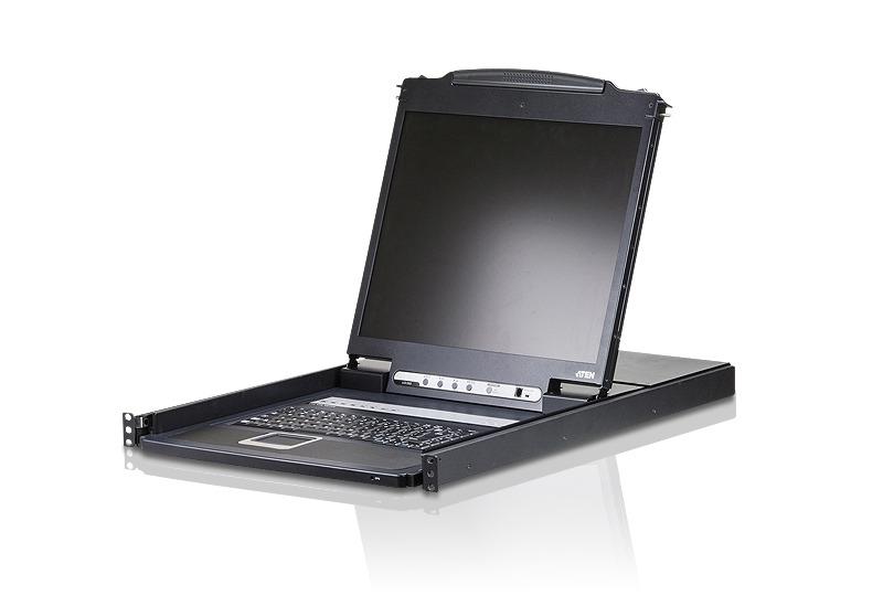 ATEN 8 Port Single Rail LCD KVM Switch featuring a 19-inch LCD monitor, keyboard, and touchpad in a compact 1U rack-mountable design.