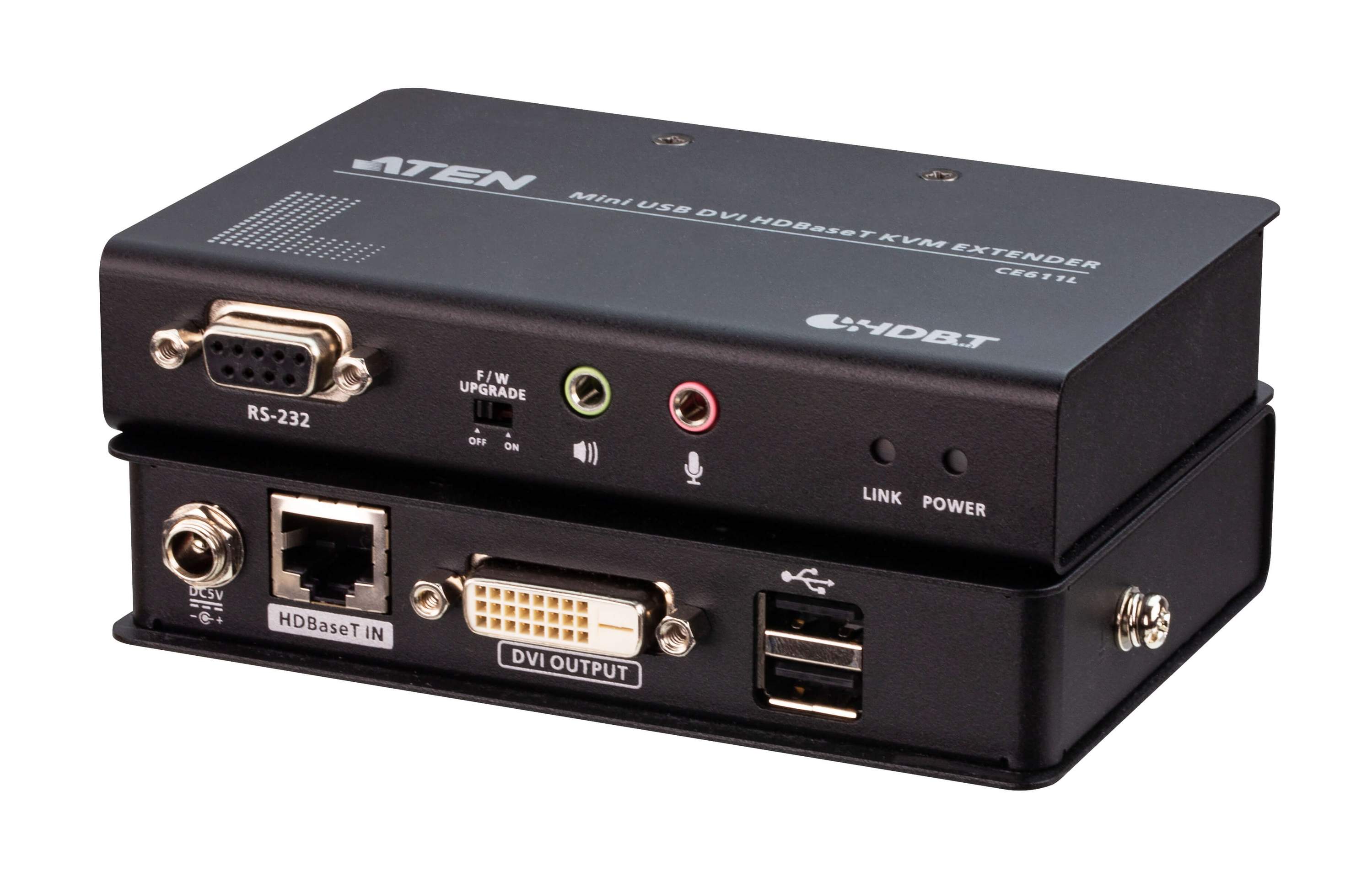 ATEN CE611-AT-U-V DVI HDBaseT Mini KVM Extender with USB keyboard and mouse extension capabilities.