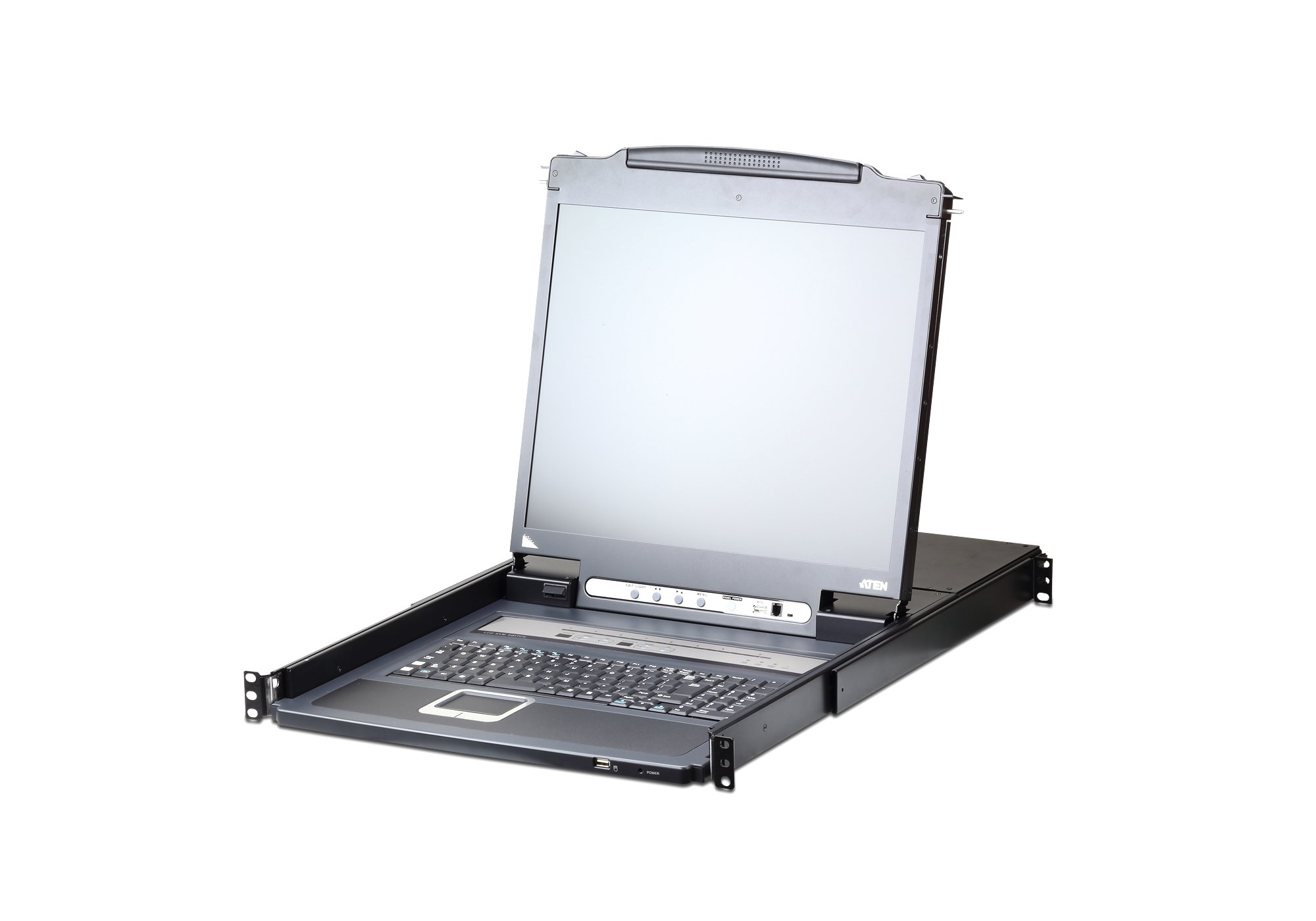 ATEN CL5708IN-ATA-AU-V 19 1U KVM switch with LCD monitor and keyboard, designed for local and remote access to multiple computers.