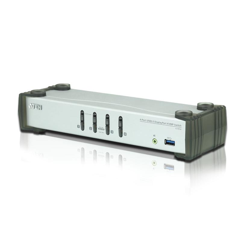 Aten CS1914 4 Port USB 3.0 DisplayPort KVMP Switch with multiple ports and cables, showcasing its sleek design and functionality.