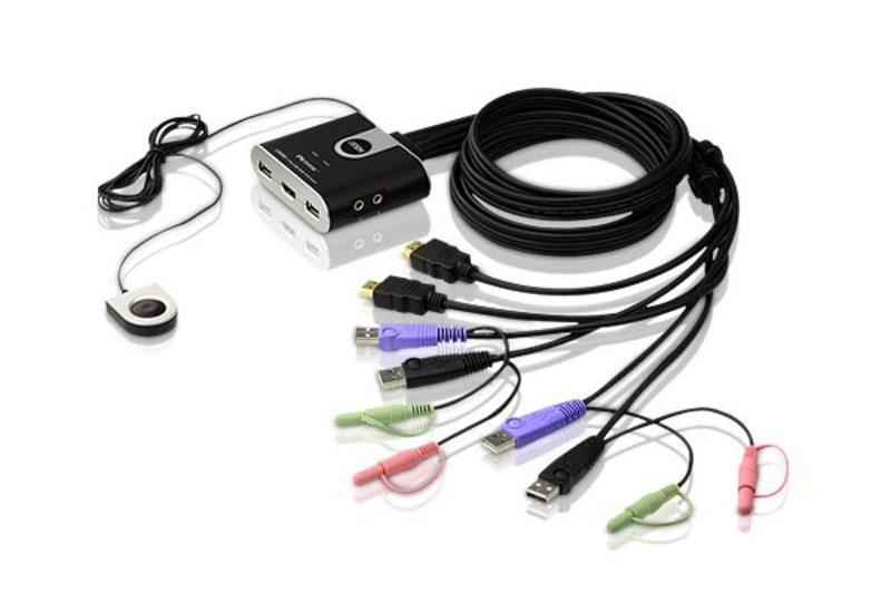 Aten CS692 2-Port USB HDMI/Audio KVM Switch with Remote Port Selector, showcasing its compact design and built-in cables.