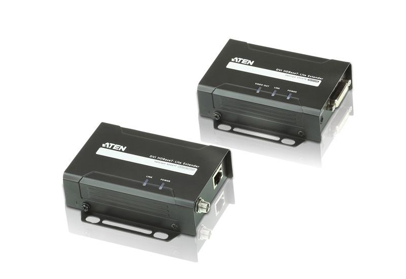 ATEN HDBaseT DVI-D Lite Video Extender with DVI and CAT 6A connections, showcasing its compact design and mounting options.