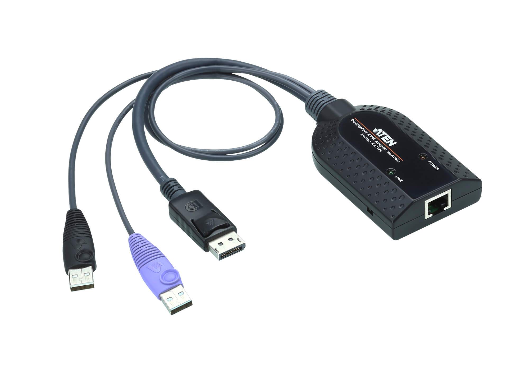 ATEN KVM Cable Adapter with RJ45 to DisplayPort, featuring USB connectors and audio de-embedding capabilities.