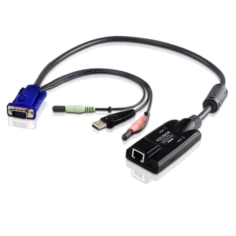 ATEN KVM Cable Adapter featuring RJ45, VGA, USB, and Audio connections, designed for seamless KVM switch integration.