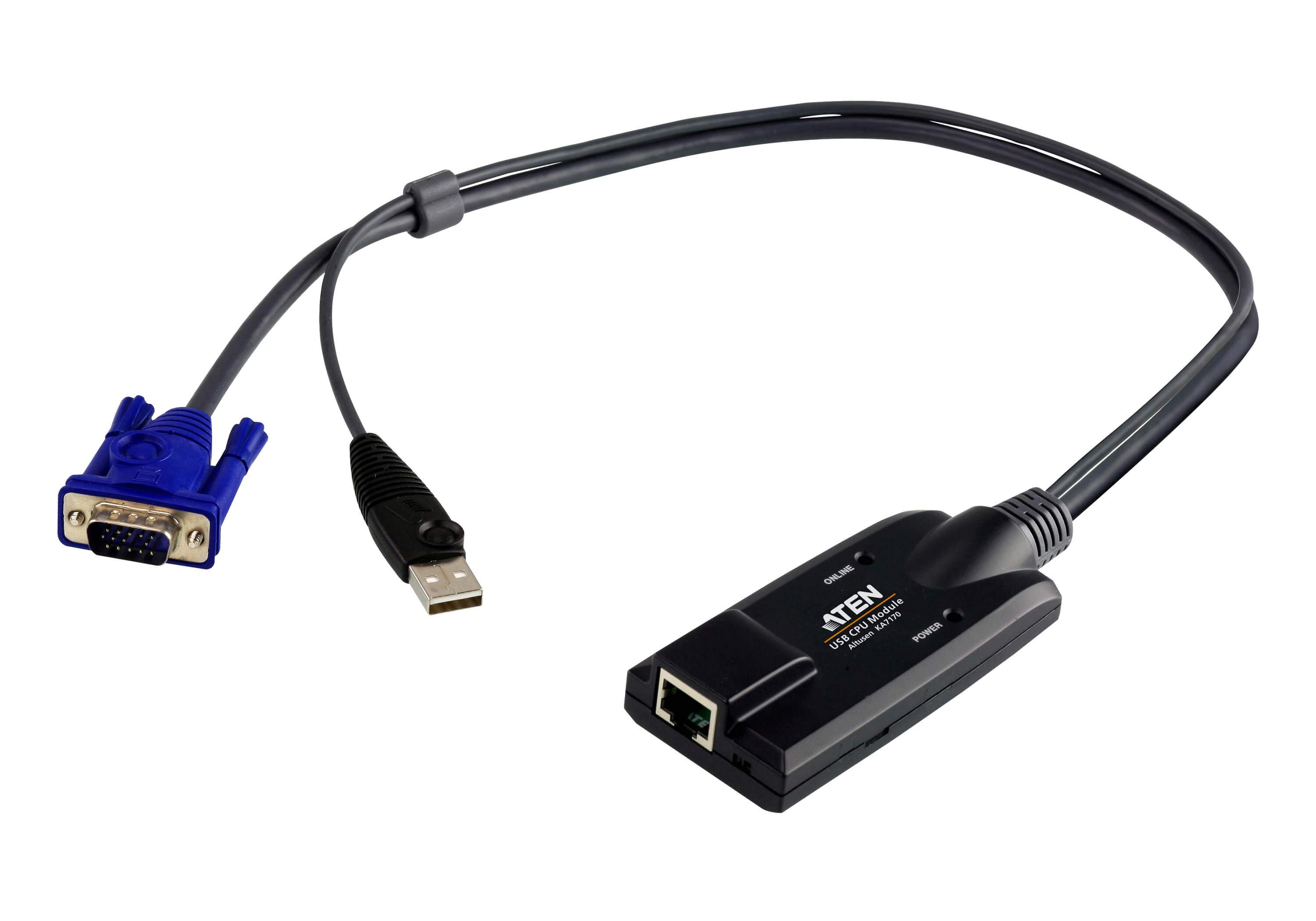 ATEN KVM Cable Adapter with RJ45 to VGA and USB, showcasing its compact design and connectivity options.