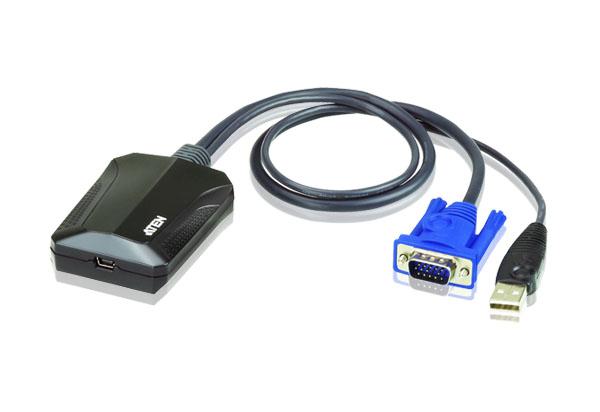 Aten Laptop USB Console Adapter with USB and VGA cables, showcasing its compact design and cable clip feature.