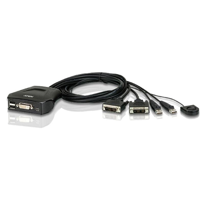 ATEN Petite 2 Port USB DVI-D KVM Switch with Remote Port Selector, showcasing its compact design and connectivity ports.