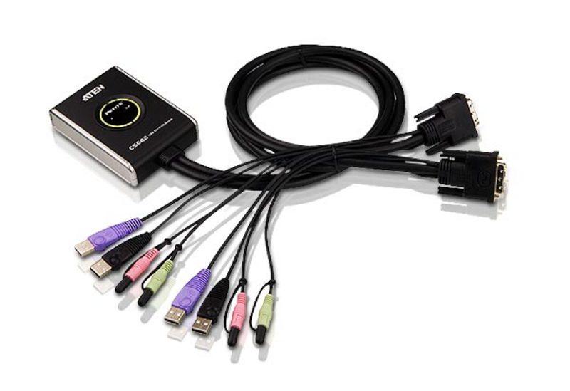 Aten Petite KVM CS682 2-Port USB DVI KVM switch with audio and remote port selector, showcasing its compact design and built-in cables.