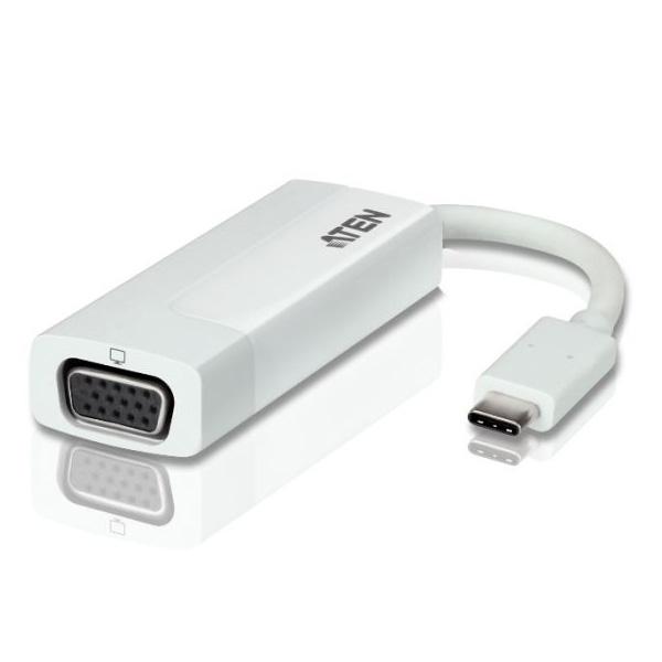 Aten UC3002 USB-C to VGA Adapter with USB-C and VGA connectors, ideal for connecting devices to VGA displays.