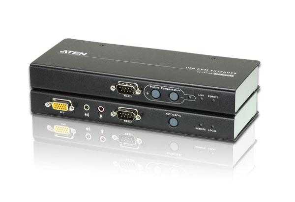 ATEN USB KVM Console Extender CE750A with RS-232 ports, showcasing its compact design and connectivity options.