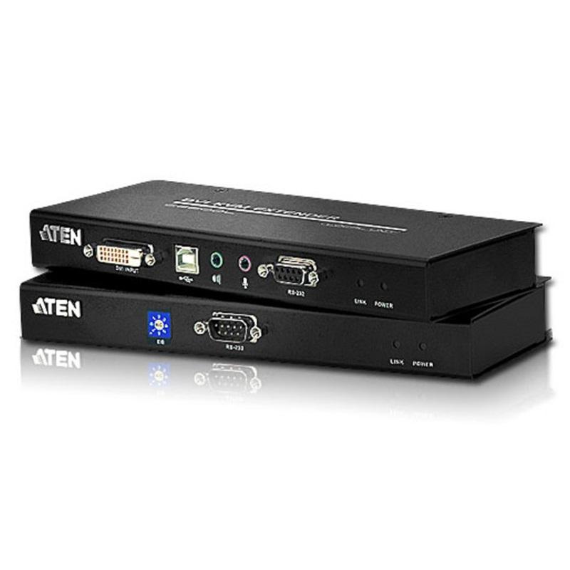 ATEN USB Single Link DVI KVM Console Extender with audio and RS232 functionality, showcasing its compact design and connectivity options.