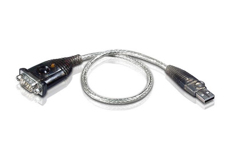 ATEN USB to RS232 Serial Converter with 35cm cable, showcasing its compact design and connectors.