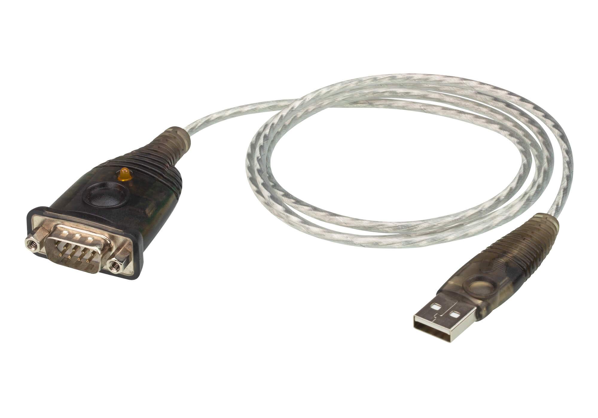 ATEN USB to RS232 converter with 1m cable, featuring USB Type A Male and DB-9 Male connectors, designed for high-speed data transfer.