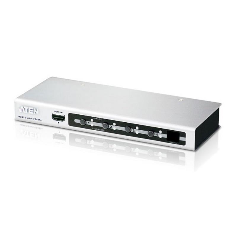 ATEN VanCryst 4 Port HDMI Video Switch with remote control and input buttons, designed for easy switching between multiple HDMI devices.