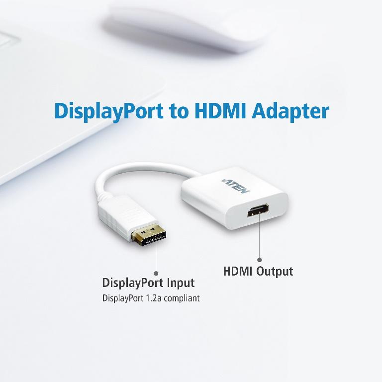 ATEN VanCryst DP to HDMI adapter, compact design with DisplayPort and HDMI connectors, ideal for connecting devices to displays.