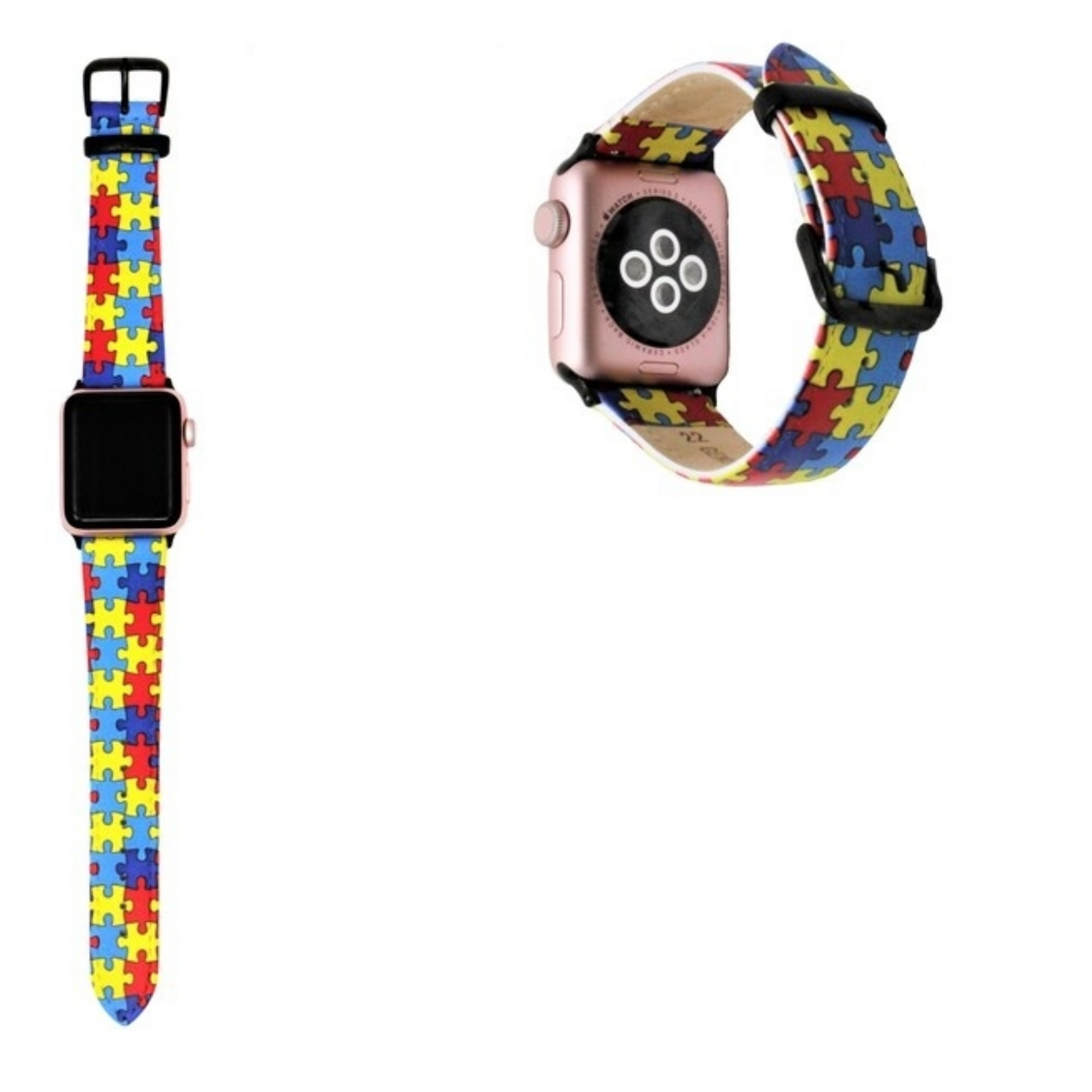 Autism Awareness Apple Watch Band made of genuine leather, featuring black stainless steel hardware, available in various sizes.