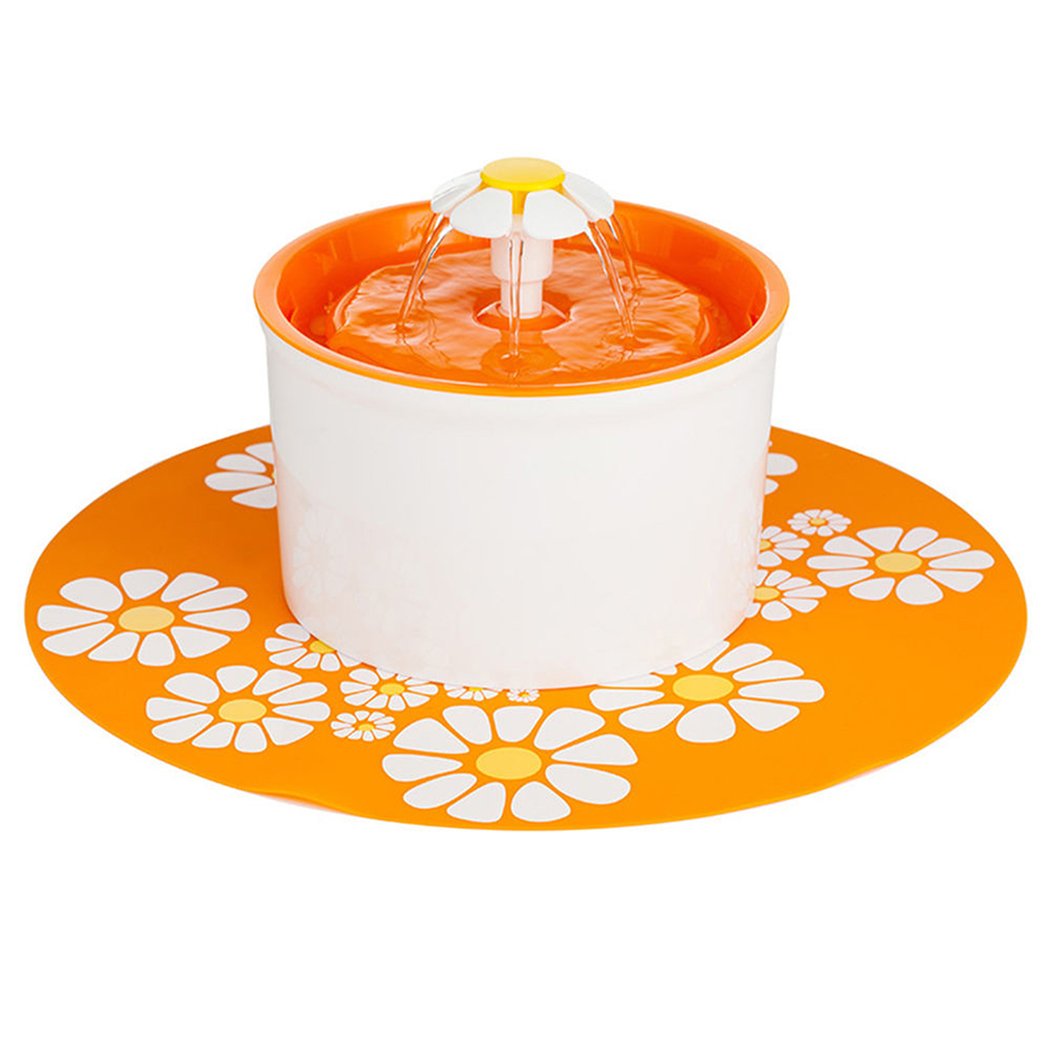 Automatic Electric Pet Water Fountain for dogs and cats, featuring a flower design and dual-action filter, in white and orange colors.