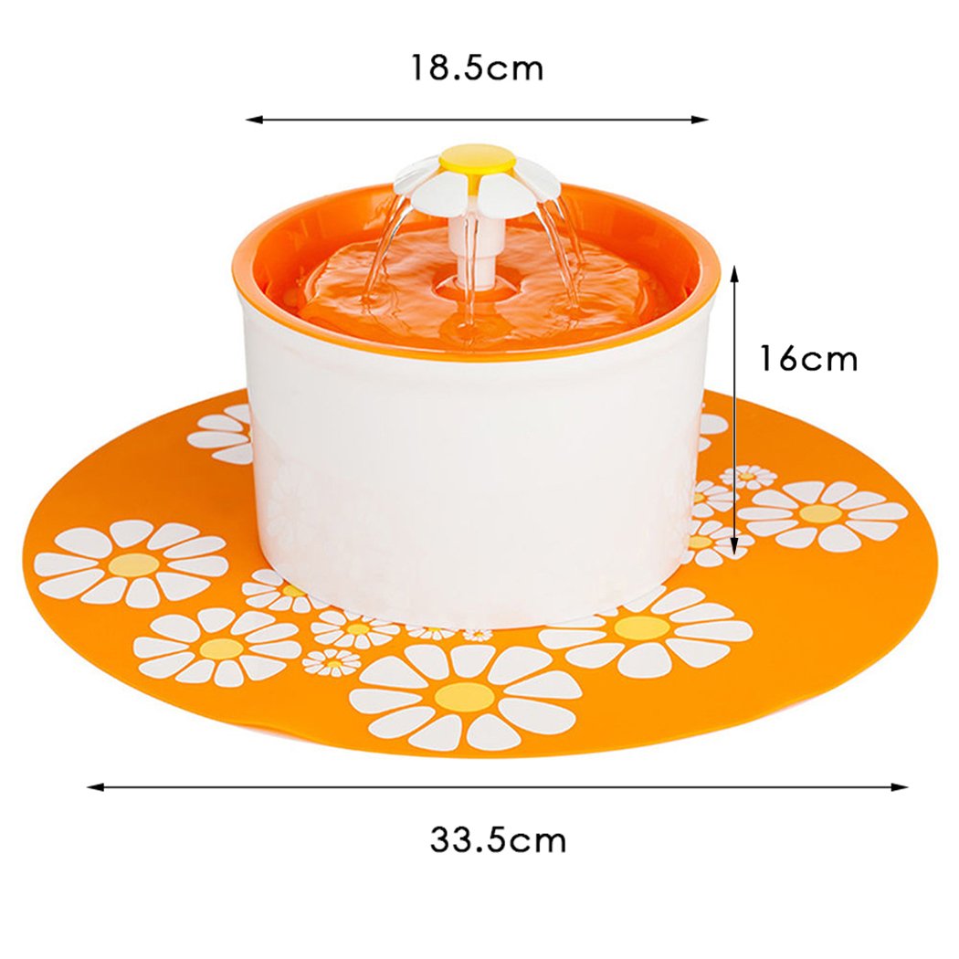 Automatic Electric Pet Water Fountain for dogs and cats, featuring a flower design and dual-action filter, in white and orange colors.