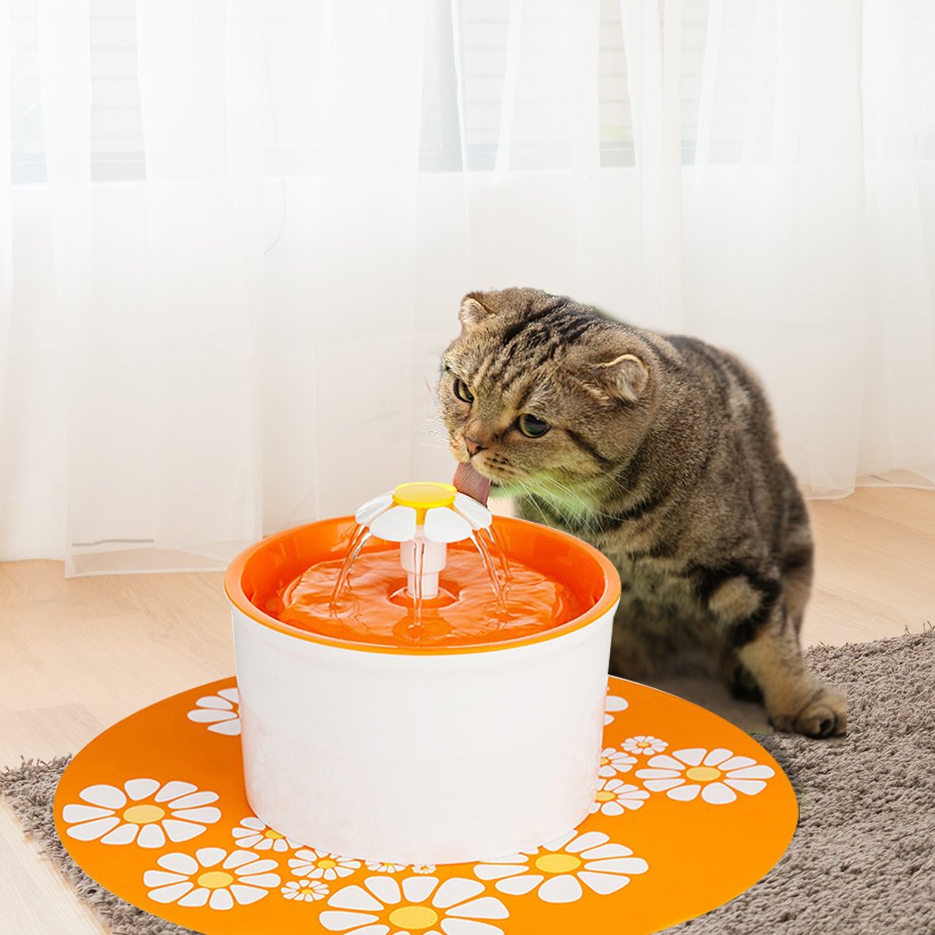 Automatic Electric Pet Water Fountain for dogs and cats, featuring a flower design and dual-action filter, in white and orange colors.