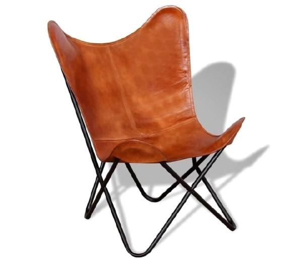 Ava Leather Butterfly Chair in brown with a sturdy iron frame and genuine leather seat, showcasing its modern design and comfort.