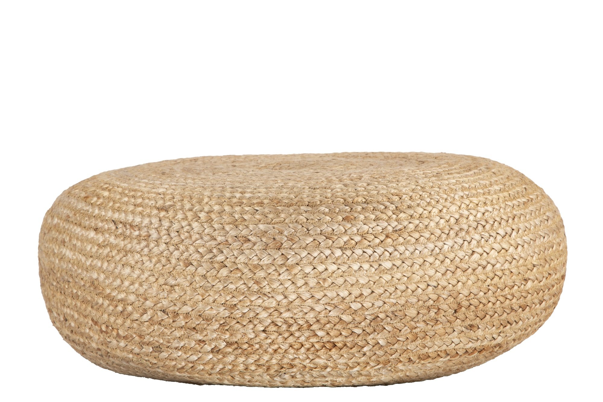 Ava Round Jute Pouf in natural color, showcasing its textured woven design and round shape, perfect for home decor.