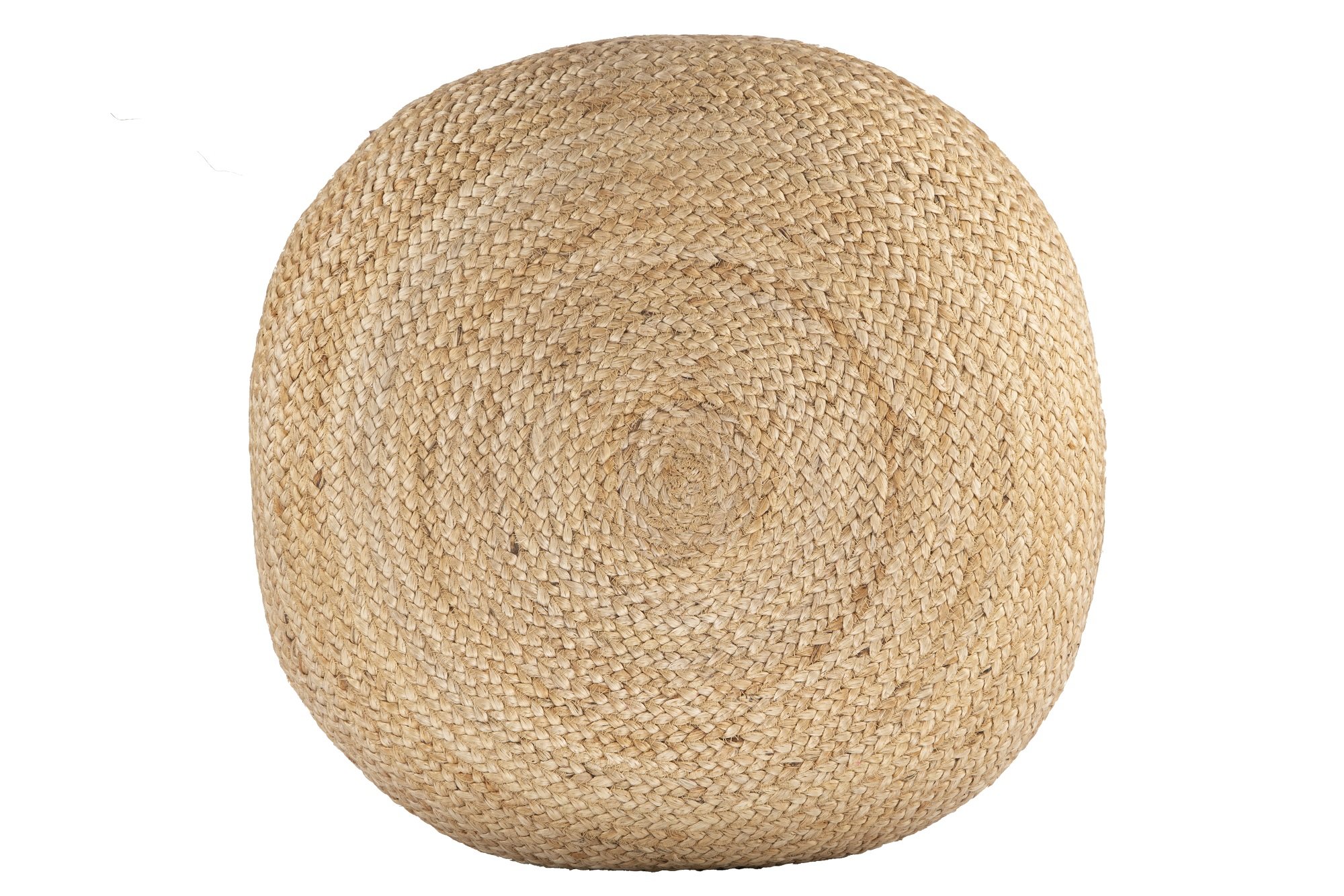 Ava Round Jute Pouf in natural color, showcasing its textured woven design and round shape, perfect for home decor.