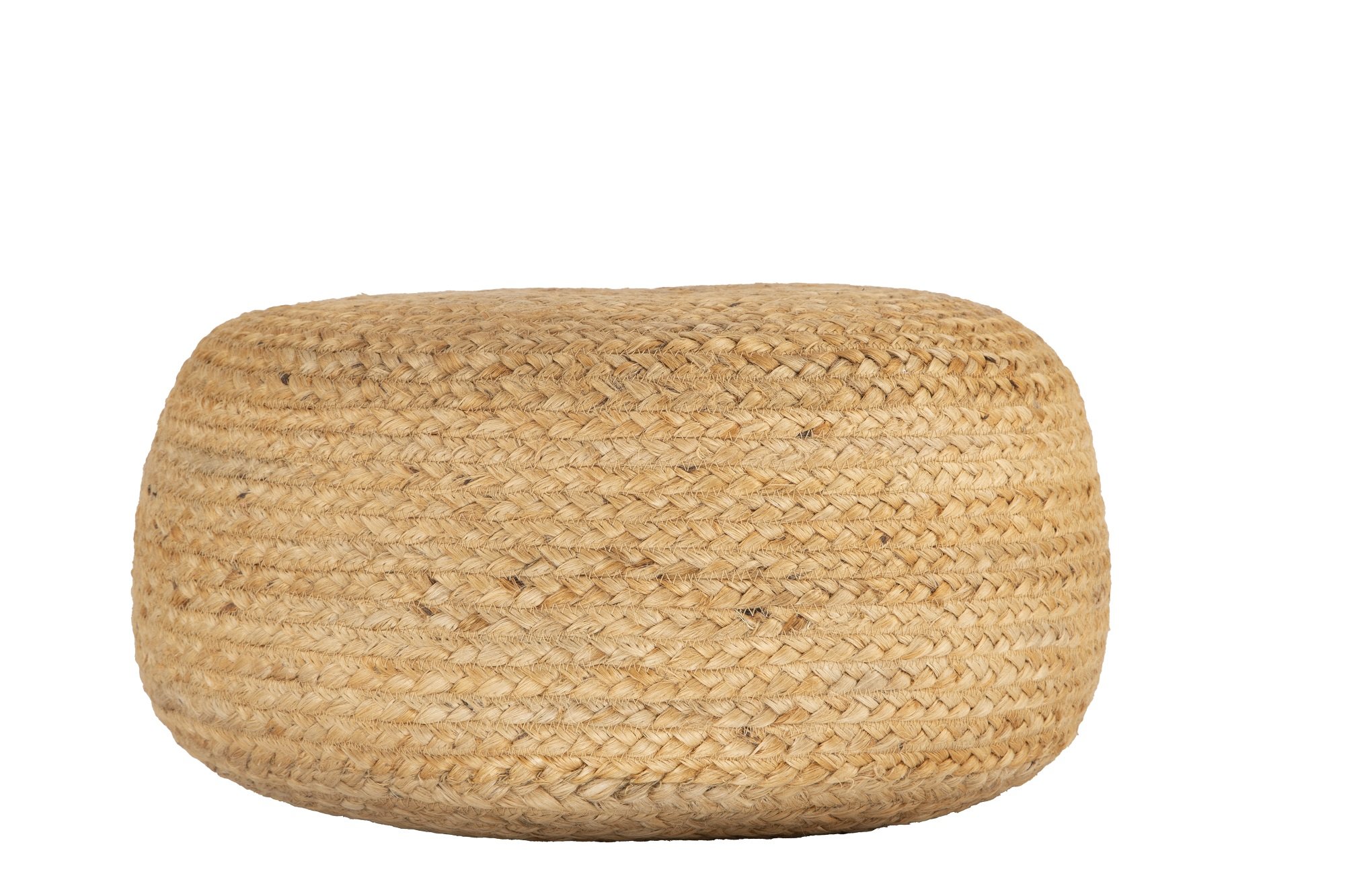 Ava Round Jute Pouf in natural color, showcasing its textured woven design and round shape, perfect for seating or as a decorative accent.